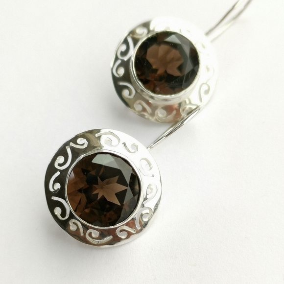 Smoky Topaz Quartz Drop Earrings Sterling Silver - Picture 3 of 8